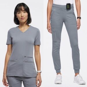 Jaanuu Women's 4-Pocket V-Neck Scrub set Top w matching 10-Pocket Jogger XL Gray